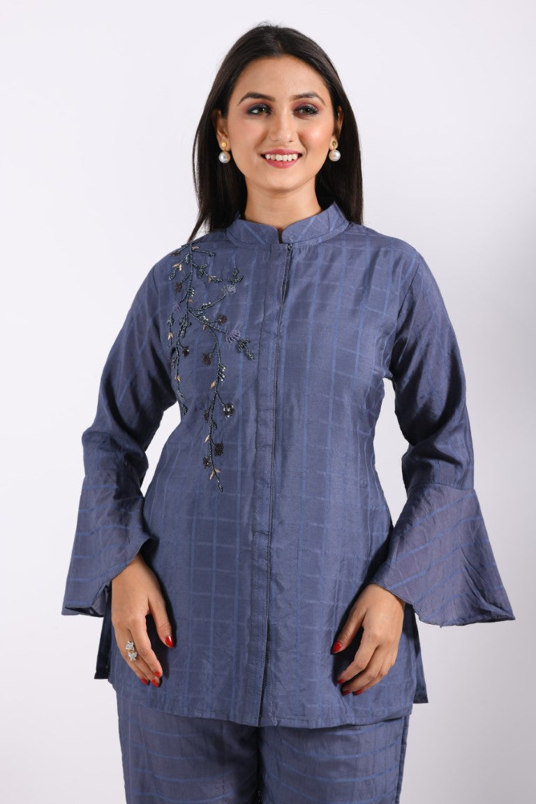 Morchari Co Ord Set With Hand Embroidery - Blue - Distacart