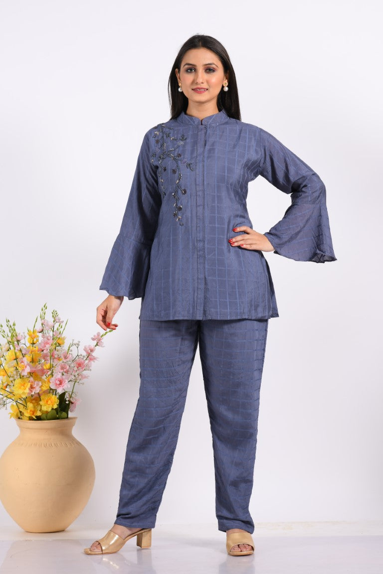Morchari Co Ord Set With Hand Embroidery - Blue - Distacart