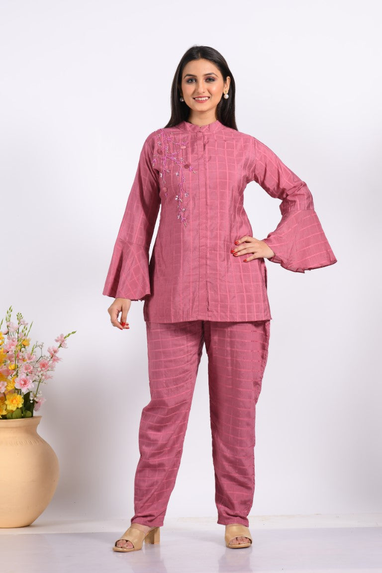 Morchari Co Ord Set With Hand Embroidery - Peach - Distacart