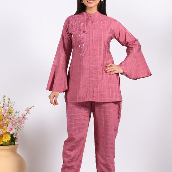 Morchari Co Ord Set With Hand Embroidery - Peach - Distacart
