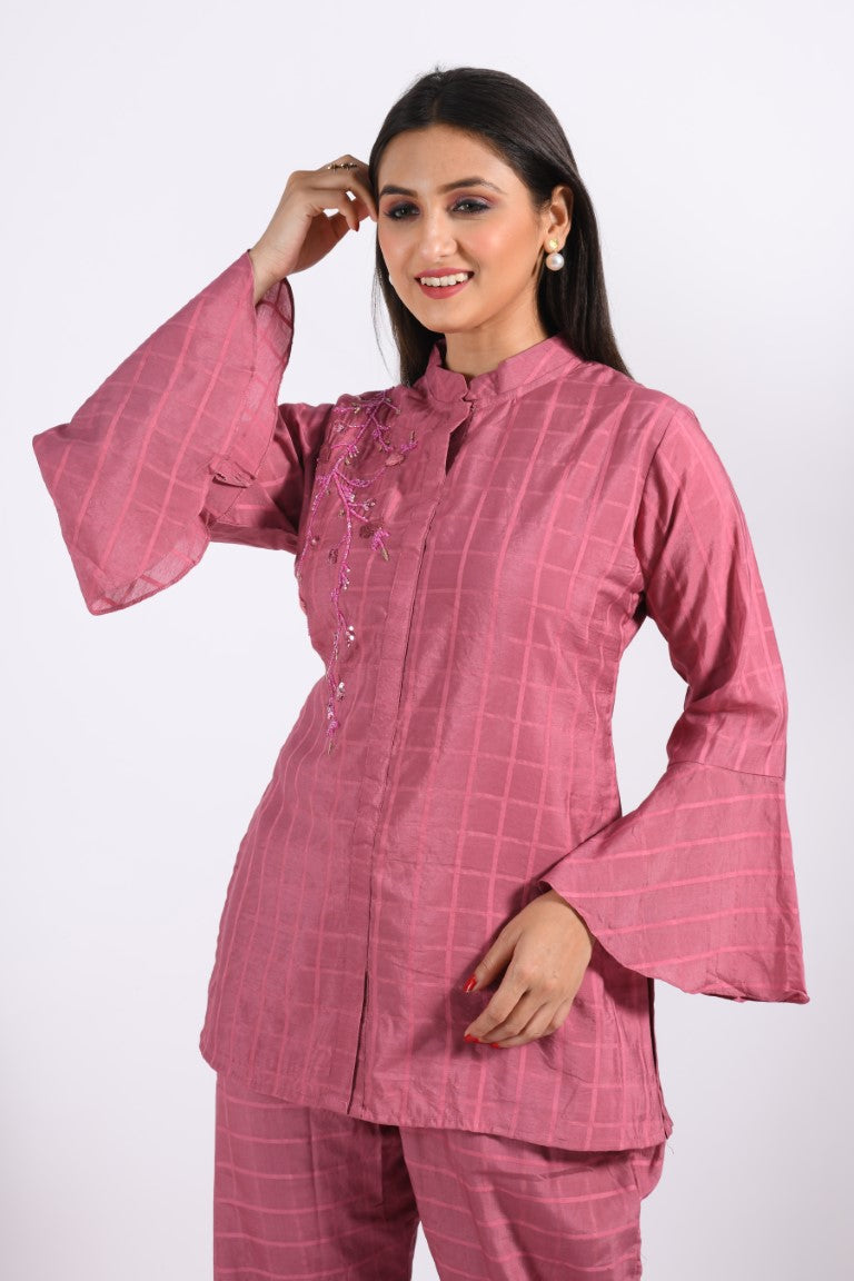 Morchari Co Ord Set With Hand Embroidery - Peach - Distacart