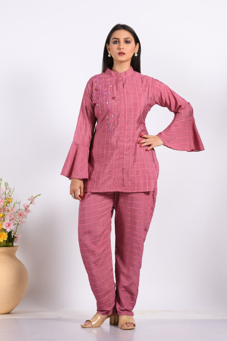 Morchari Co Ord Set With Hand Embroidery - Peach