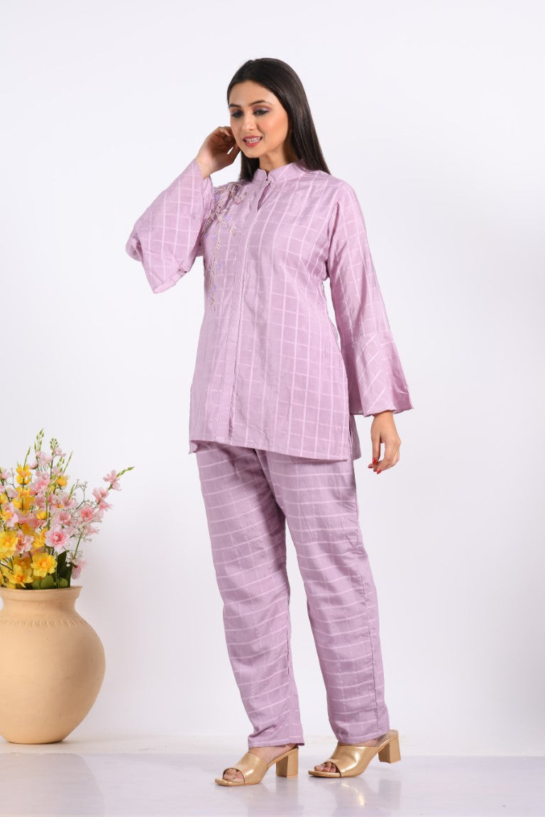 Morchari Co Ord Set With Hand Embroidery - Light Purple - Distacart