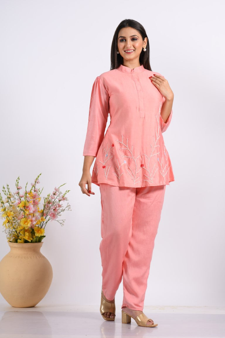 Morchari Co Ord Set With Hand Embroidery - Peach - Distacart