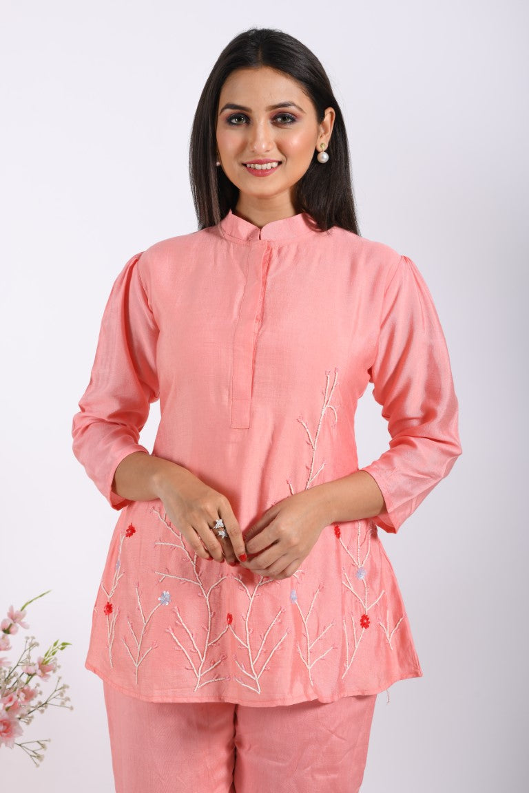 Morchari Co Ord Set With Hand Embroidery - Peach - Distacart