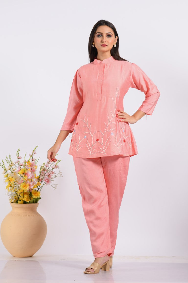 Morchari Co Ord Set With Hand Embroidery - Peach