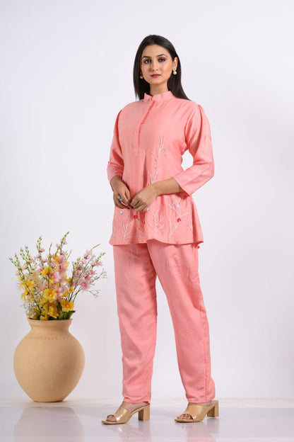 Morchari Co Ord Set With Hand Embroidery - Peach - Distacart
