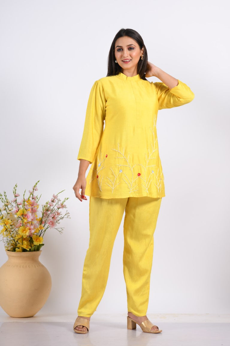 Morchari Co Ord Set With Hand Embroidery - Yellow - Distacart