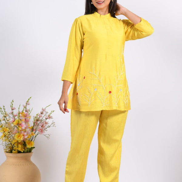 Morchari Co Ord Set With Hand Embroidery - Yellow - Distacart