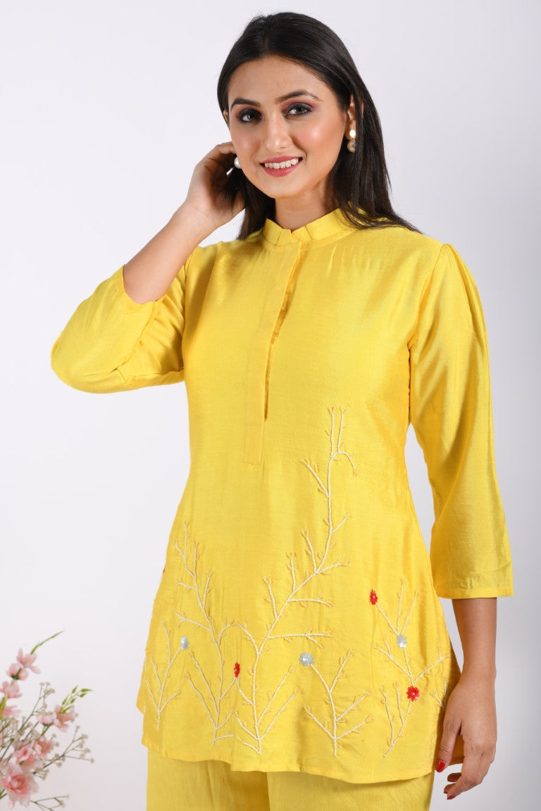 Morchari Co Ord Set With Hand Embroidery - Yellow - Distacart