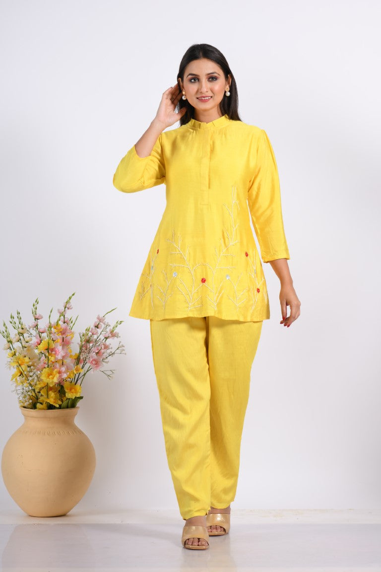 Morchari Co Ord Set With Hand Embroidery - Yellow - Distacart