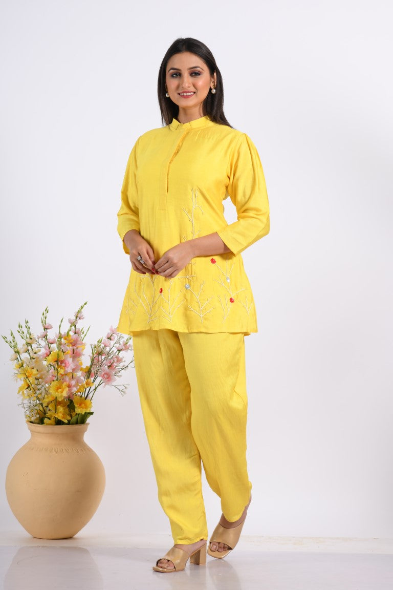 Morchari Co Ord Set With Hand Embroidery - Yellow - Distacart