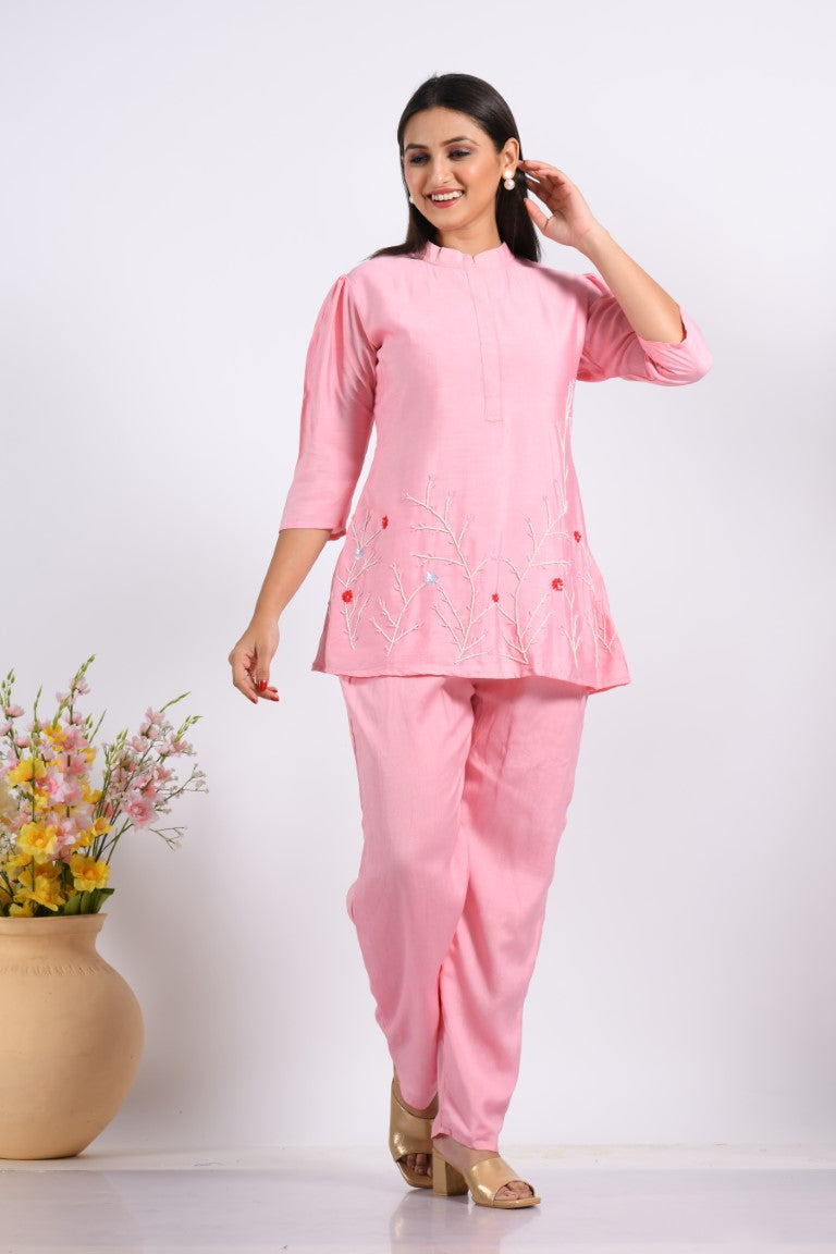 Morchari Co Ord Set With Hand Embroidery - Pink - Distacart