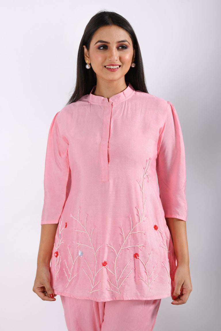 Morchari Co Ord Set With Hand Embroidery - Pink - Distacart