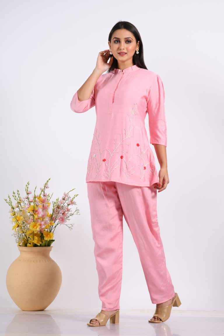 Morchari Co Ord Set With Hand Embroidery - Pink - Distacart