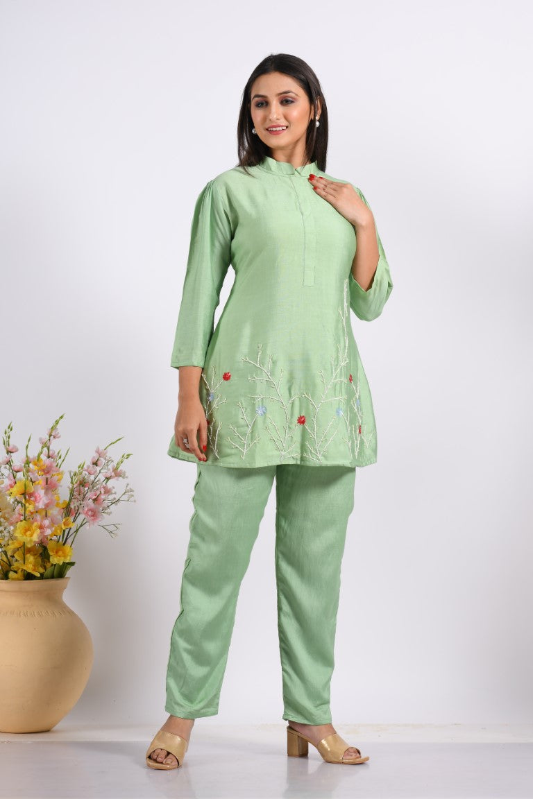 Morchari Co Ord Set With Hand Embroidery - Green - Distacart
