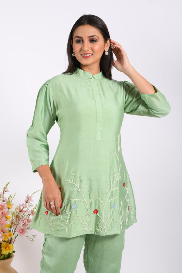 Morchari Co Ord Set With Hand Embroidery - Green - Distacart