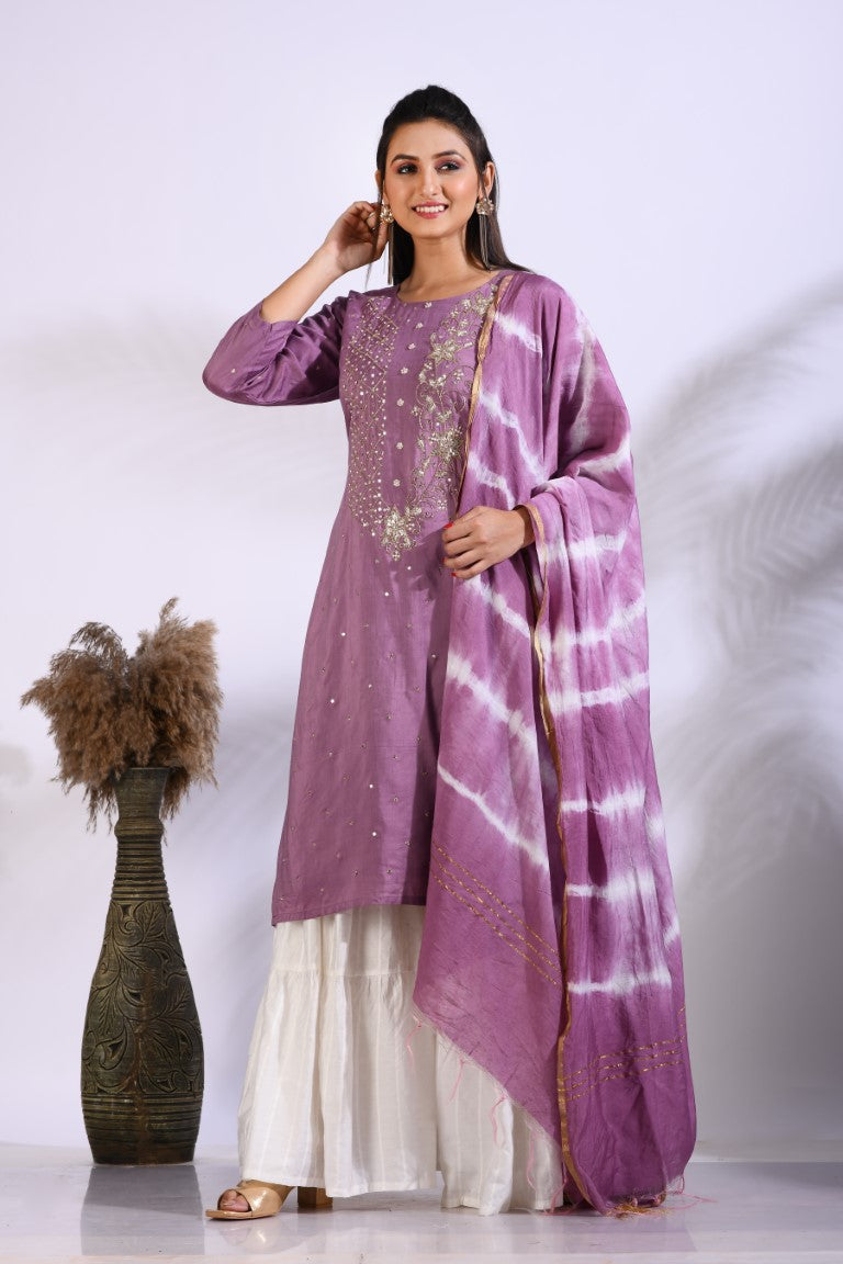 Morchari Palazzo With Long Pant & Dupatta With Hand Embroidery - Purple