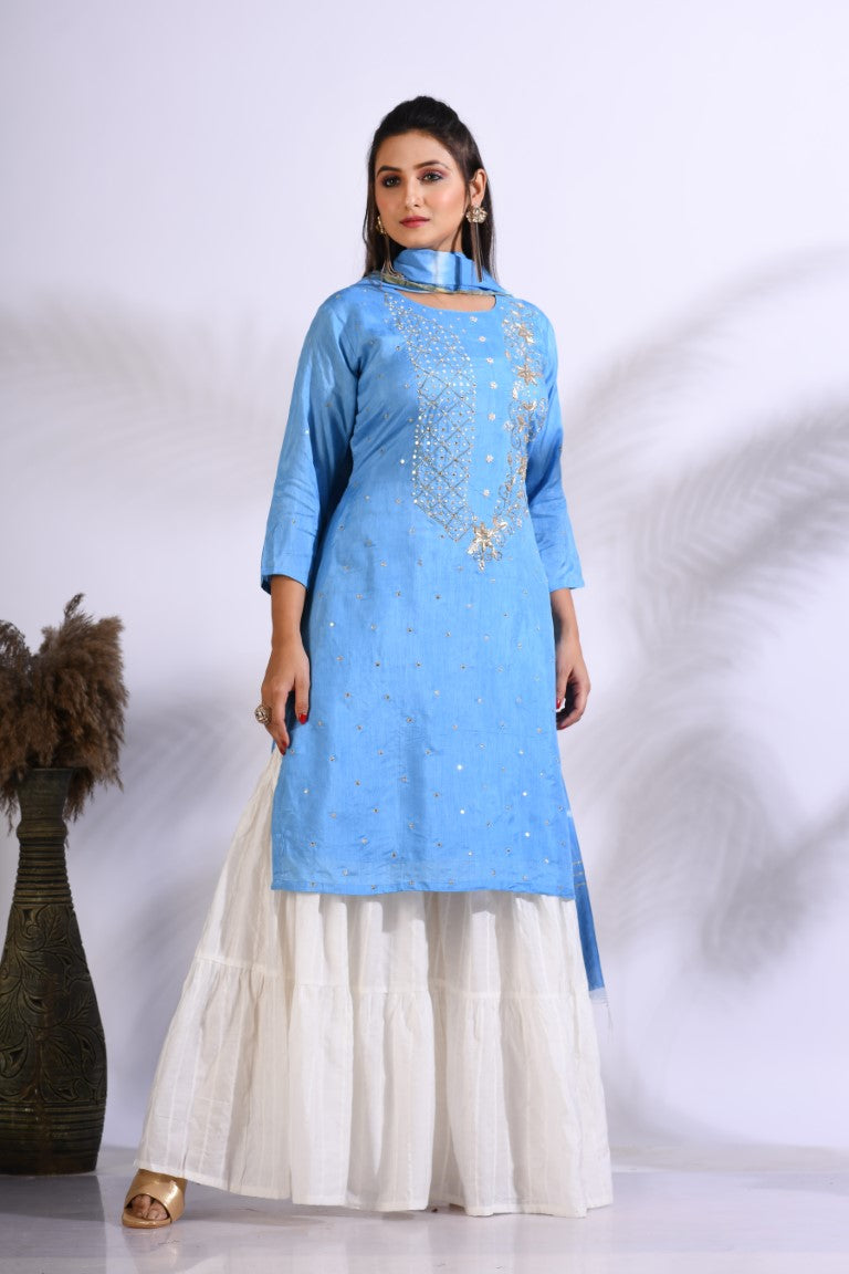 Morchari Palazzo With Long Pant & Dupatta With Hand Embroidery - Blue - Distacart