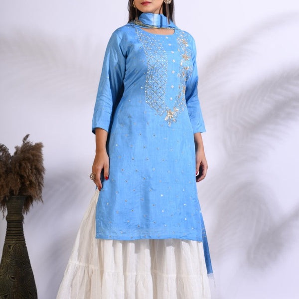 Morchari Palazzo With Long Pant & Dupatta With Hand Embroidery - Blue - Distacart