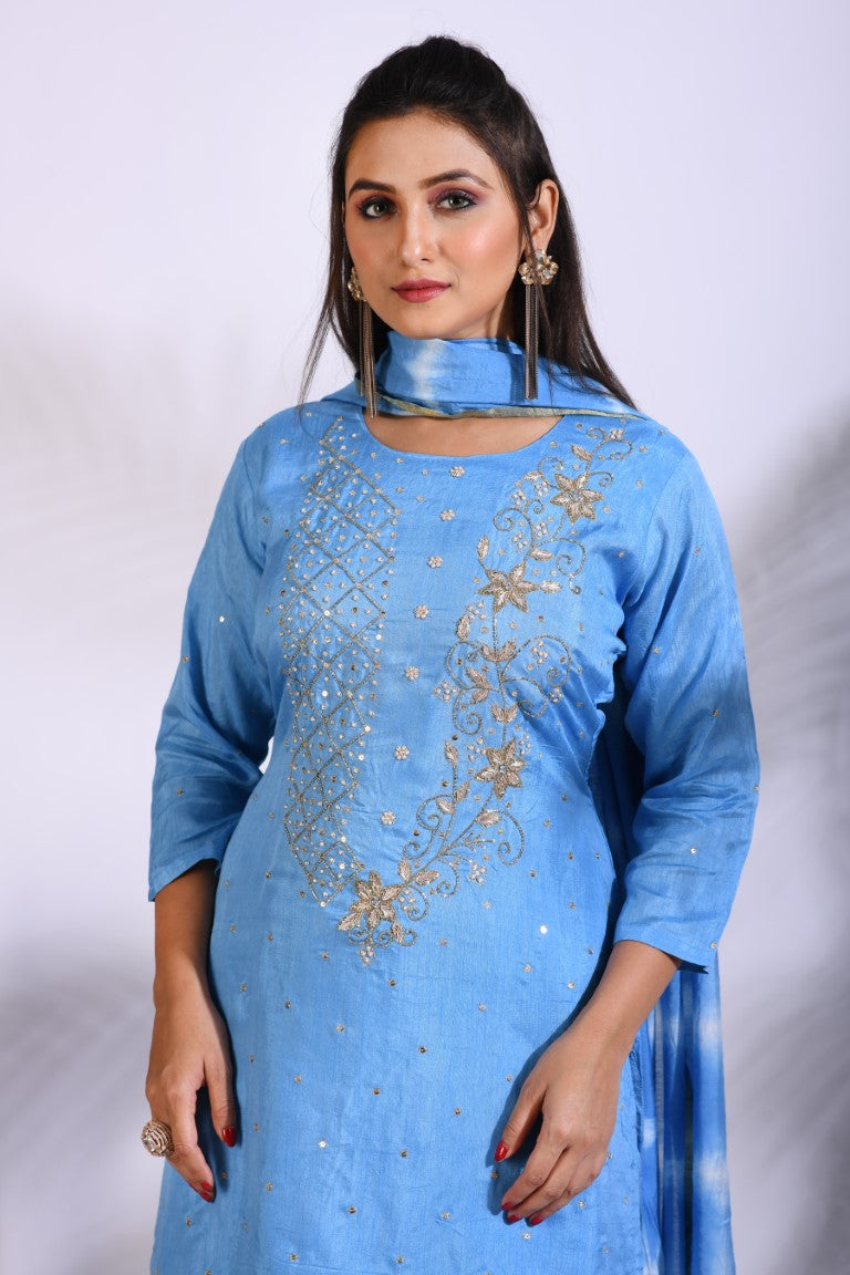 Morchari Palazzo With Long Pant & Dupatta With Hand Embroidery - Blue - Distacart