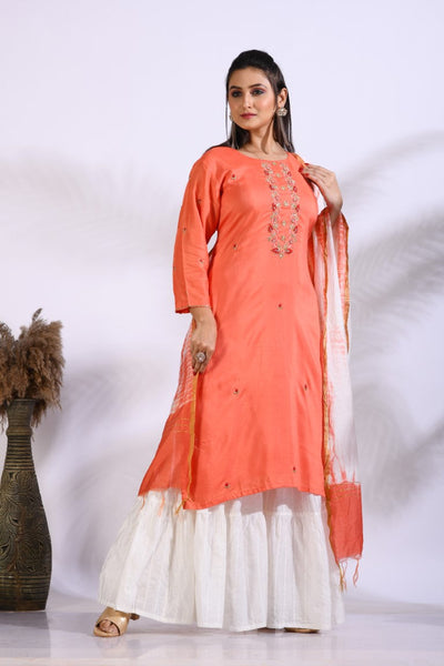 Morchari Palazzo With Long Pant & Dupatta With Hand Embroidery - Peach