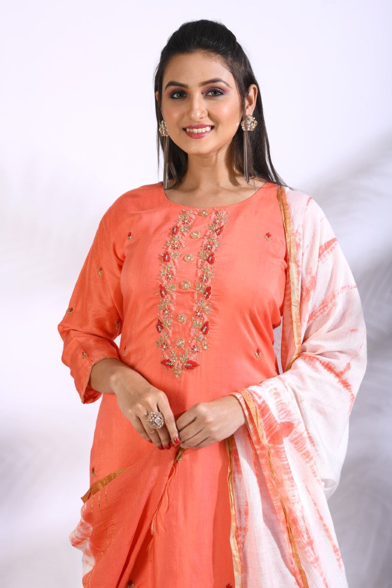 Morchari Palazzo With Long Pant & Dupatta With Hand Embroidery - Peach - Distacart