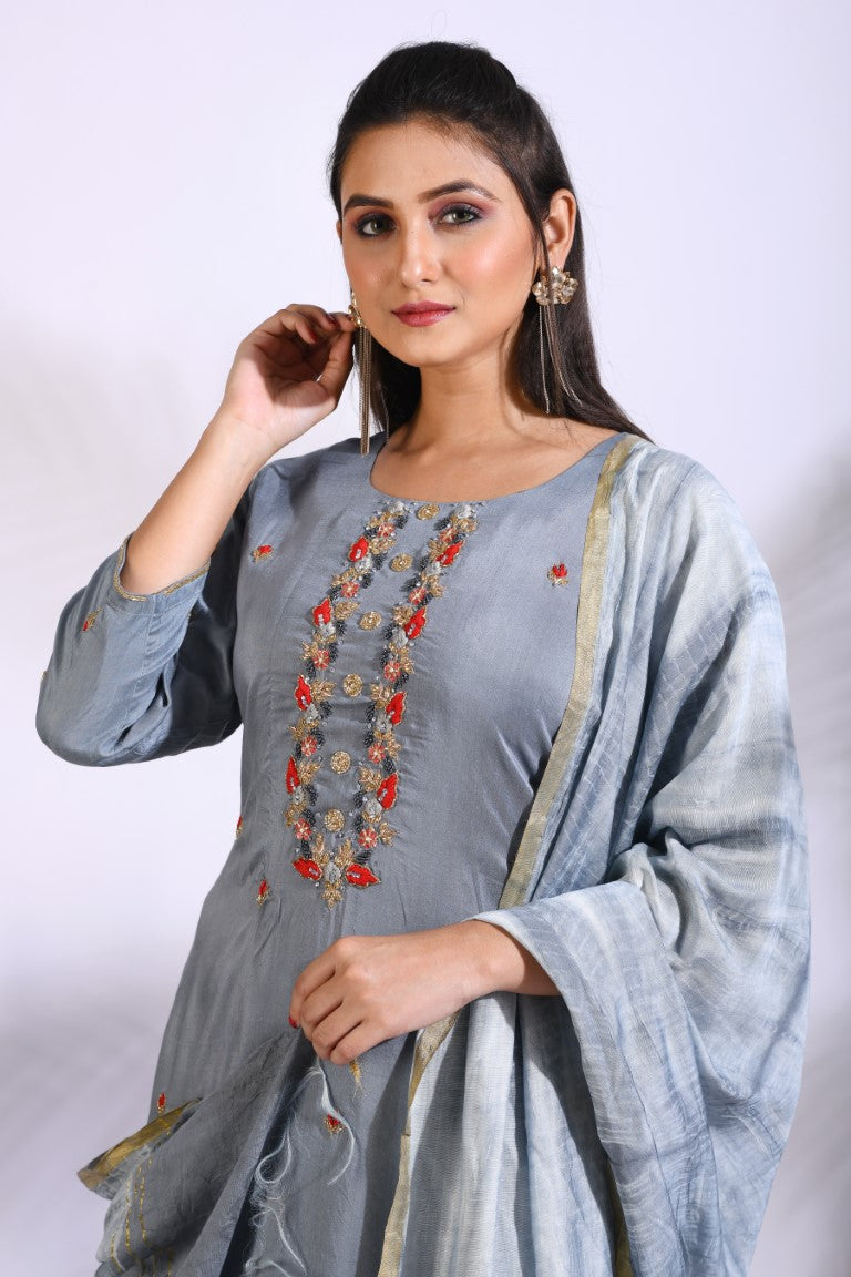 Morchari Palazzo With Long Pant & Dupatta With Hand Embroidery - Grey - Distacart
