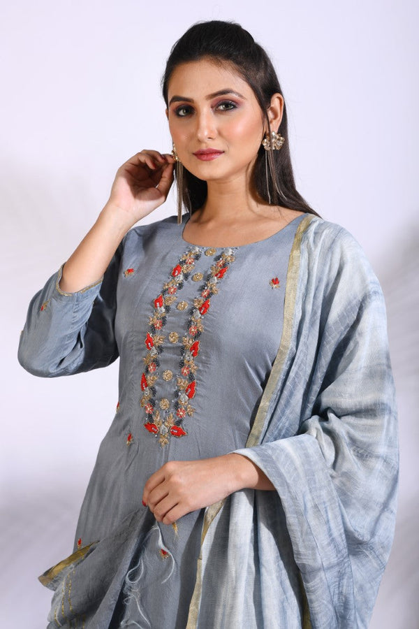 Morchari Palazzo With Long Pant & Dupatta With Hand Embroidery - Grey