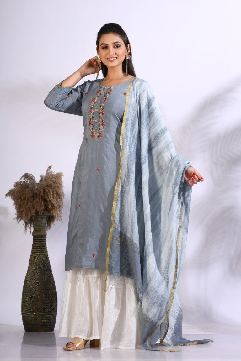 Morchari Palazzo With Long Pant & Dupatta With Hand Embroidery - Grey