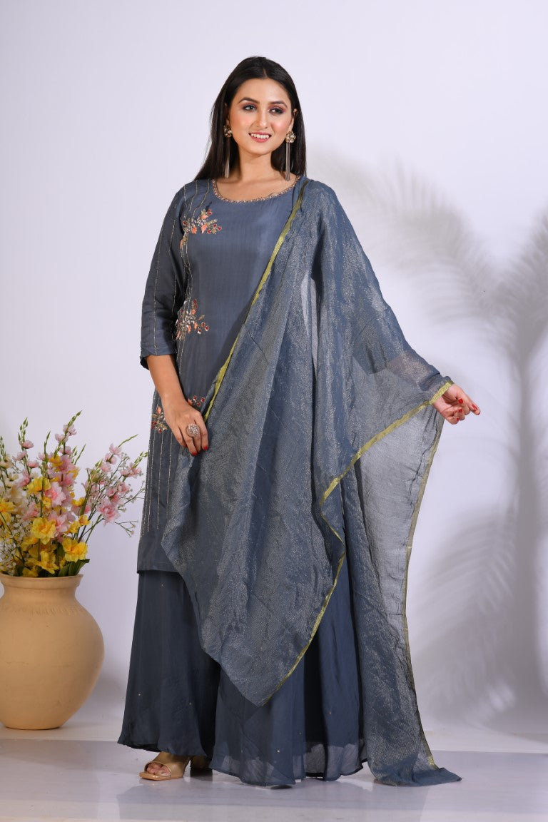 Morchari Palazzo With Long Pant & Dupatta With Hand Embroidery - Grey - Distacart