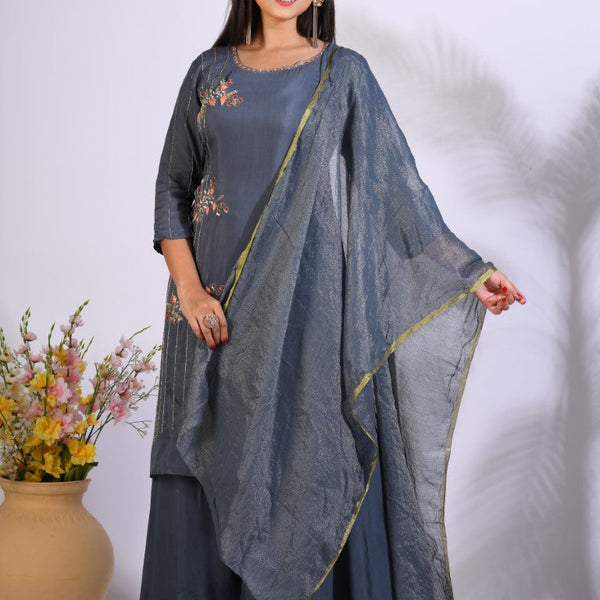 Morchari Palazzo With Long Pant & Dupatta With Hand Embroidery - Grey - Distacart
