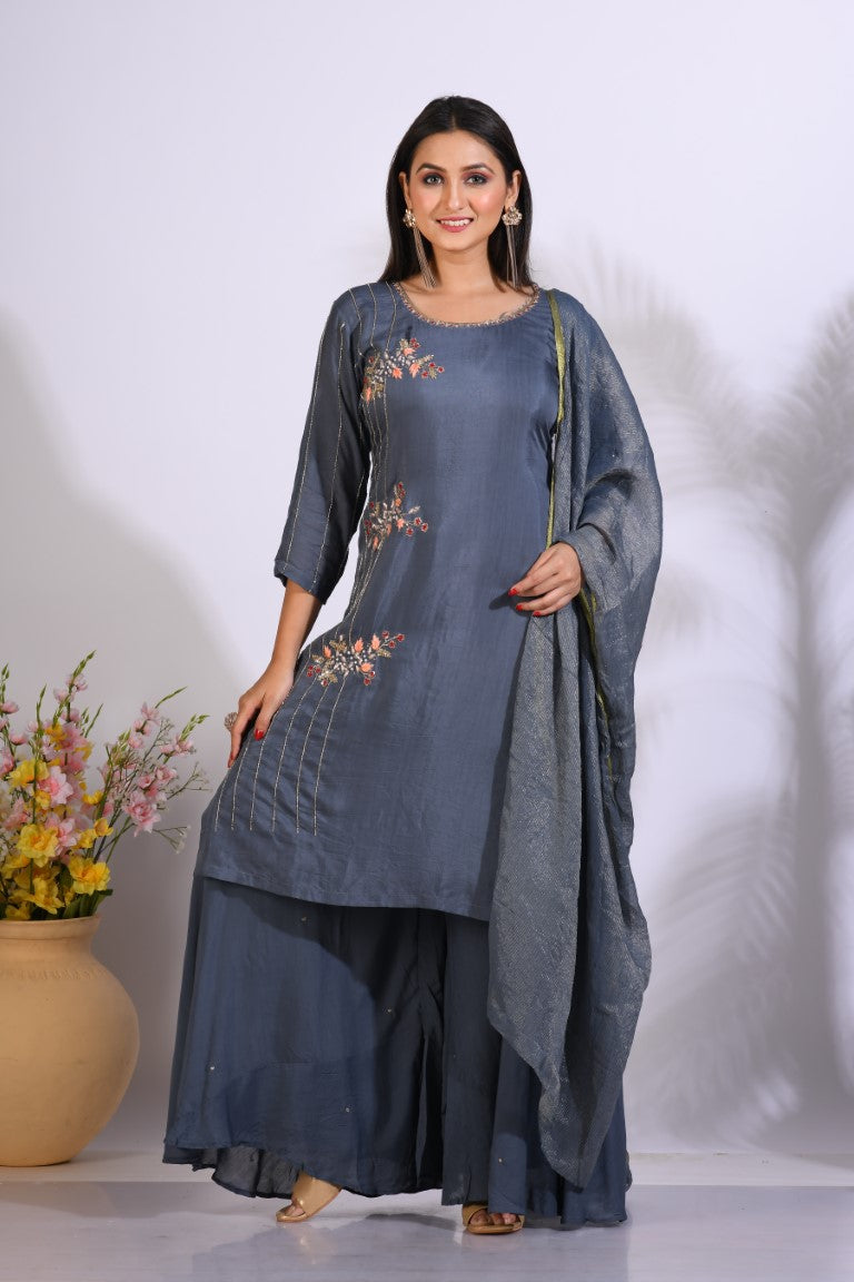 Morchari Palazzo With Long Pant & Dupatta With Hand Embroidery - Grey