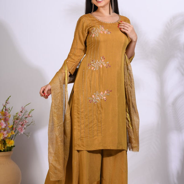 Morchari Palazzo With Long Pant & Dupatta With Hand Embroidery - Mehadi - Distacart