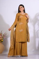 Thumbnail for Morchari Palazzo With Long Pant & Dupatta With Hand Embroidery - Mehadi