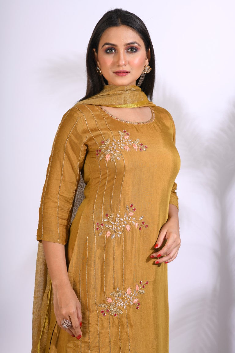 Morchari Palazzo With Long Pant & Dupatta With Hand Embroidery - Mehadi - Distacart