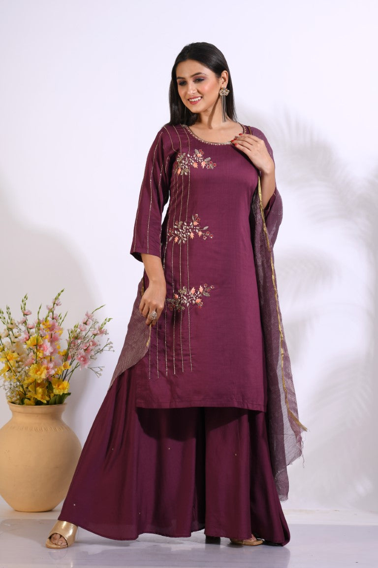 Morchari Palazzo With Long Pant & Dupatta With Hand Embroidery - Maroon - Distacart