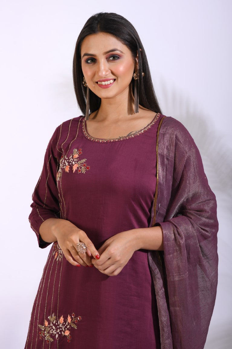 Morchari Palazzo With Long Pant & Dupatta With Hand Embroidery - Maroon - Distacart