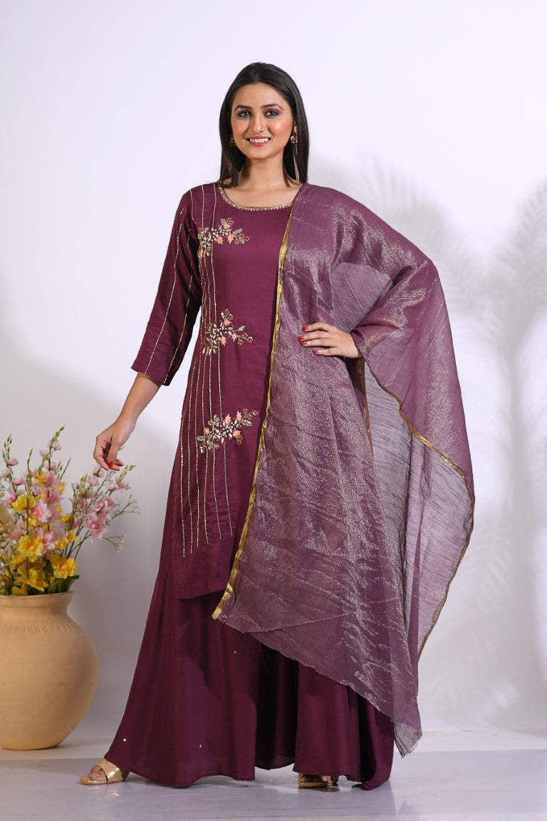 Morchari Palazzo With Long Pant & Dupatta With Hand Embroidery - Maroon