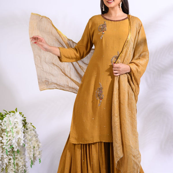 Morchari Sharara With Pant & Dupatta With Hand Embroidery - Mustard - Distacart