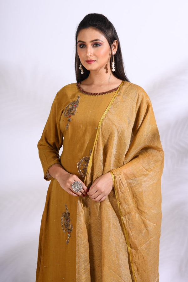 Morchari Sharara With Pant & Dupatta With Hand Embroidery - Mustard - Distacart