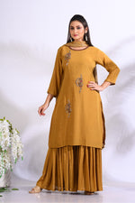 Thumbnail for Morchari Sharara With Pant & Dupatta With Hand Embroidery - Mustard - Distacart