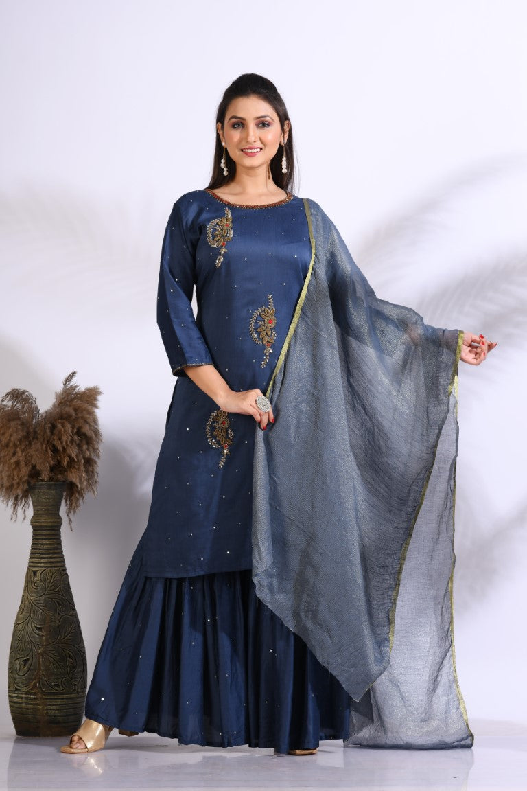 Morchari Sharara With Pant & Dupatta With Hand Embroidery - Blue - Distacart