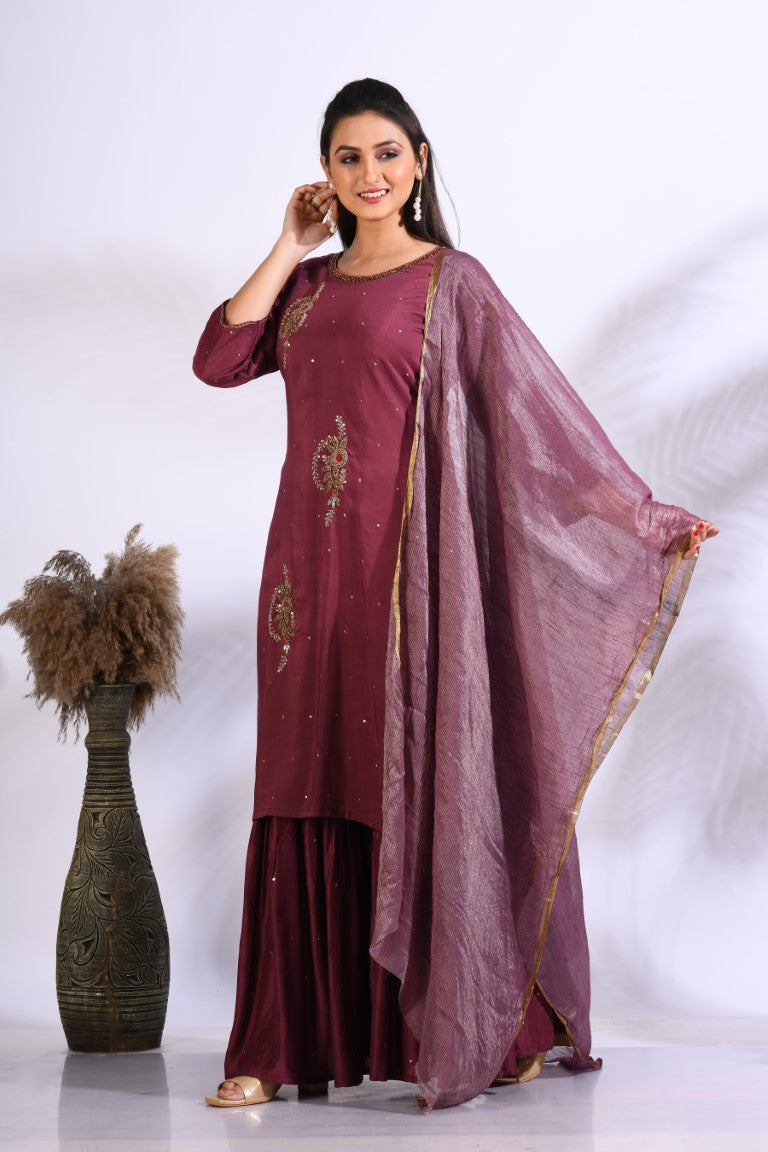 Morchari Sharara With Pant & Dupatta With Hand Embroidery - Maroon - Distacart