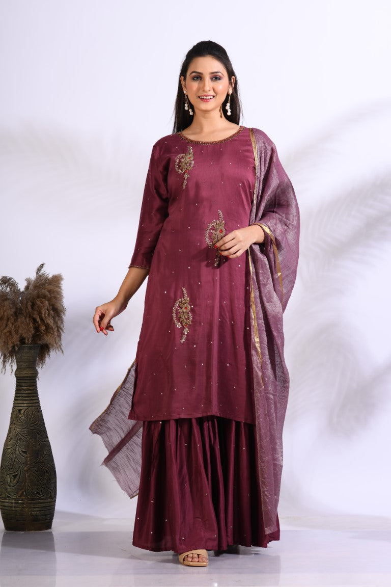 Morchari Sharara With Pant & Dupatta With Hand Embroidery - Maroon - Distacart