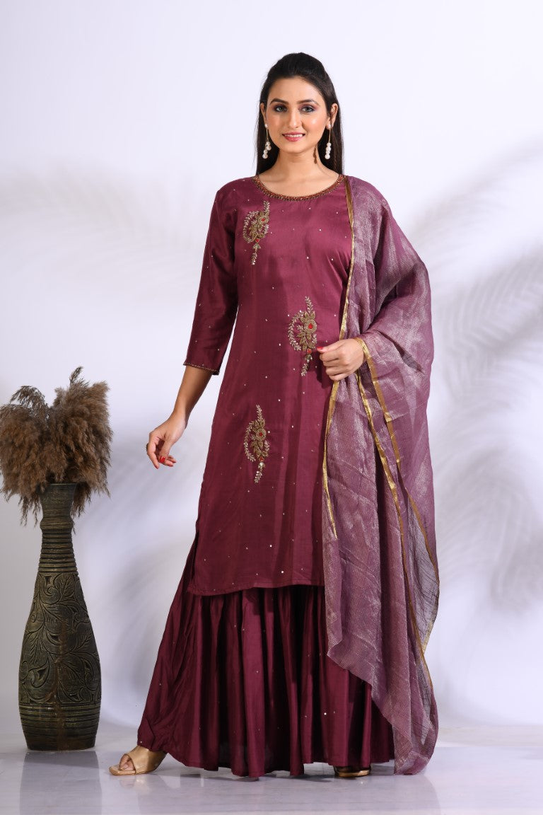 Morchari Sharara With Pant & Dupatta With Hand Embroidery - Maroon - Distacart