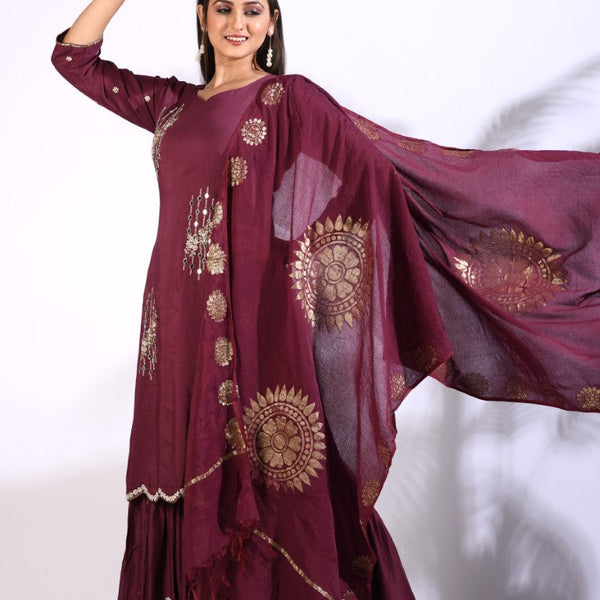 Morchari Sharara With Pant & Dupatta With Hand Embroidery - Maroon - Distacart