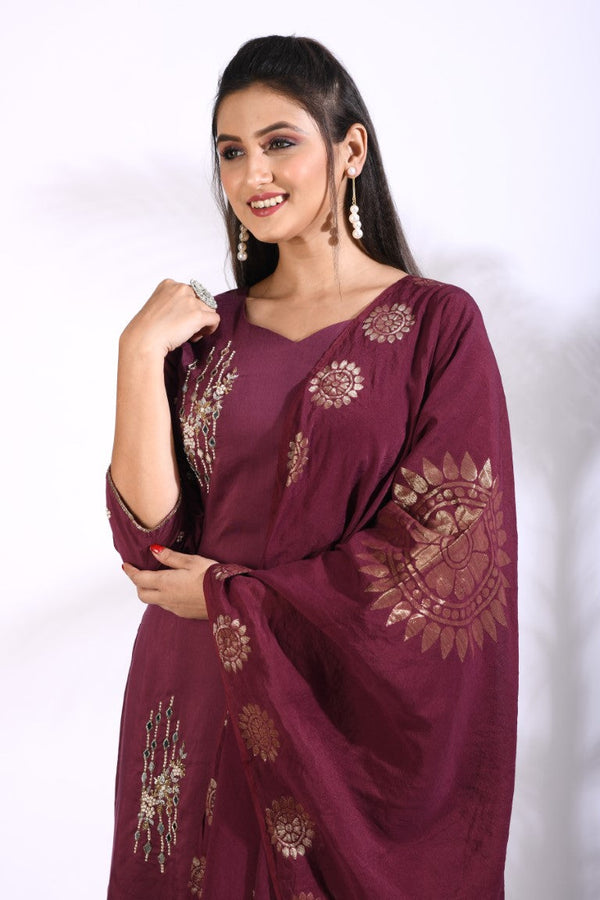 Morchari Sharara With Pant & Dupatta With Hand Embroidery - Maroon - Distacart
