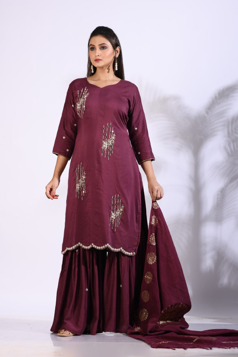 Morchari Sharara With Pant & Dupatta With Hand Embroidery - Maroon - Distacart