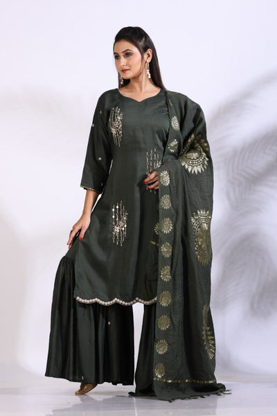 Morchari Sharara With Pant & Dupatta With Hand Embroidery - Green - Distacart